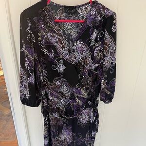 Connected Apparel Black Dress with Purple & White Paisley Print